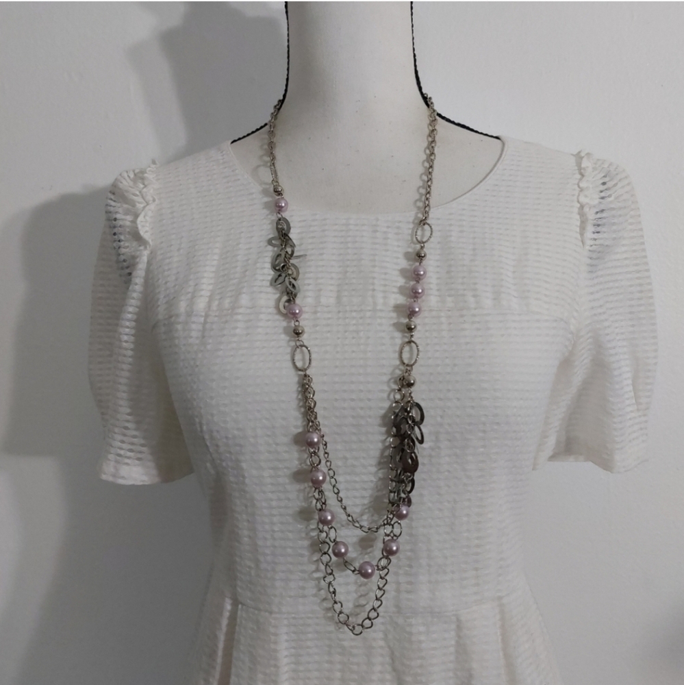 Layered Long Necklace with Donut Rings and Faux Pearls Accent